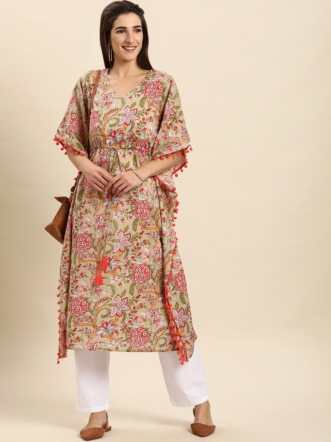 Janasya Women's Beige Cotton Floral Printed Casual Kaftan kurta - Distacart