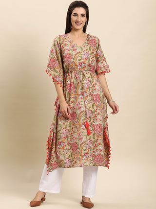 Janasya Women's Beige Cotton Floral Printed Casual Kaftan kurta - Distacart