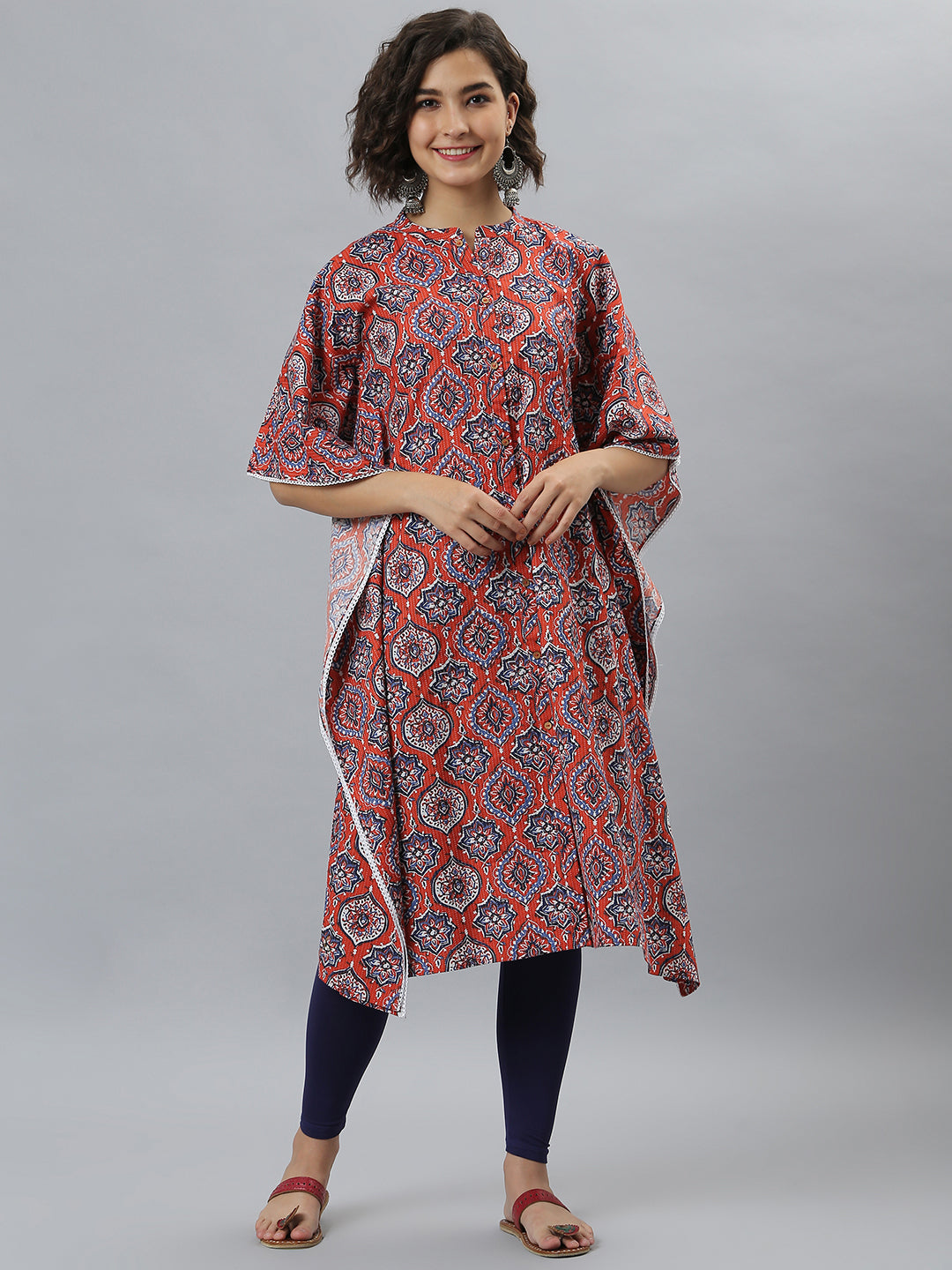 Janasya Women's Orange Cotton Floral Print Casual Kaftan Kurta - Distacart