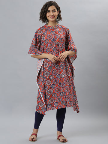 Janasya Women's Orange Cotton Floral Print Casual Kaftan Kurta - Distacart