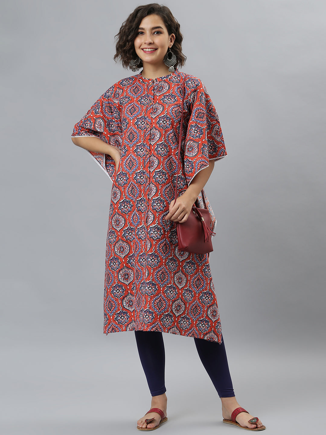 Janasya Women's Orange Cotton Floral Print Casual Kaftan Kurta - Distacart