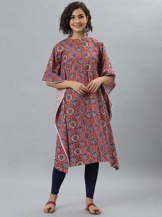 Janasya Women's Orange Cotton Floral Print Casual Kaftan Kurta - Distacart