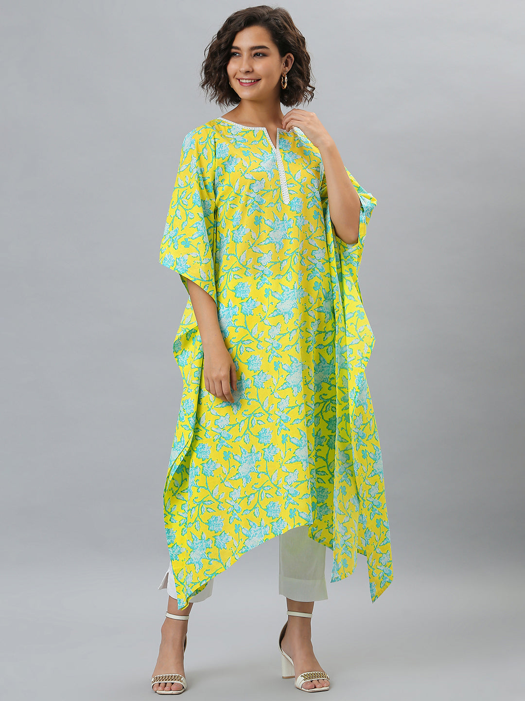 Janasya Women's Yellow Cotton Floral Print Casual Kaftan Kurta - Distacart