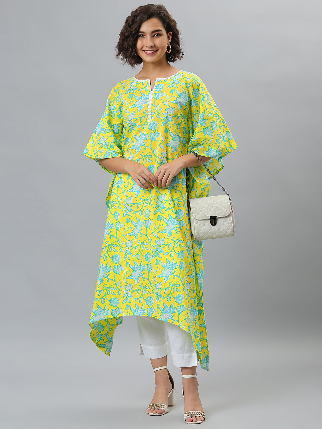 Janasya Women's Yellow Cotton Floral Print Casual Kaftan Kurta - Distacart