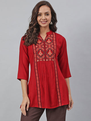Janasya Women's Maroon Rayon Slub Embroidered A-Line Tunic - Distacart