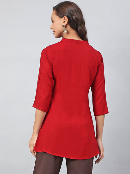 Janasya Women's Maroon Rayon Slub Embroidered A-Line Tunic - Distacart