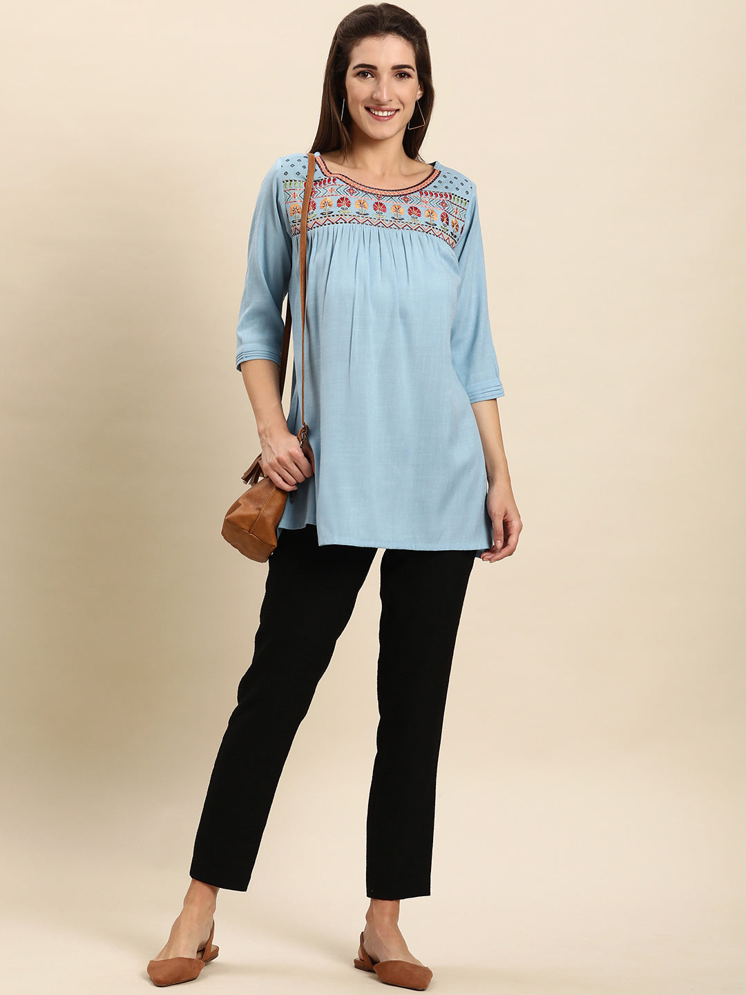 Janasya Women's Light Blue Rayon Slub Embroidered Regular Tunic - Distacart