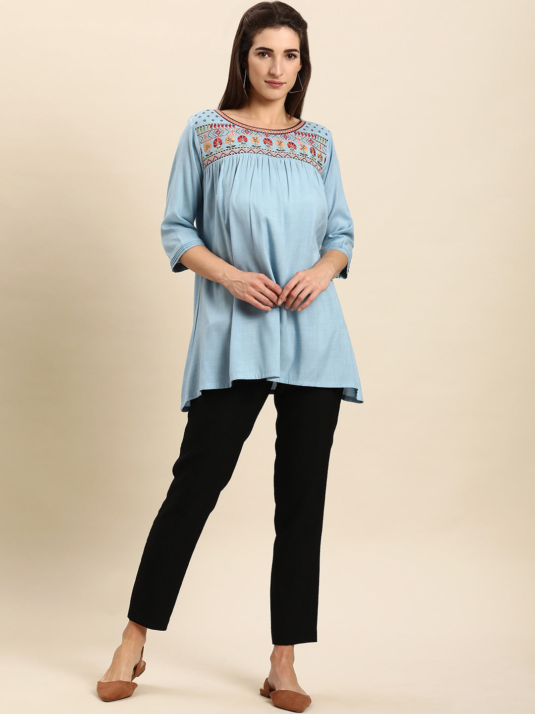 Janasya Women's Light Blue Rayon Slub Embroidered Regular Tunic - Distacart