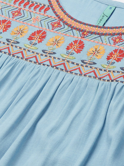 Janasya Women's Light Blue Rayon Slub Embroidered Regular Tunic - Distacart