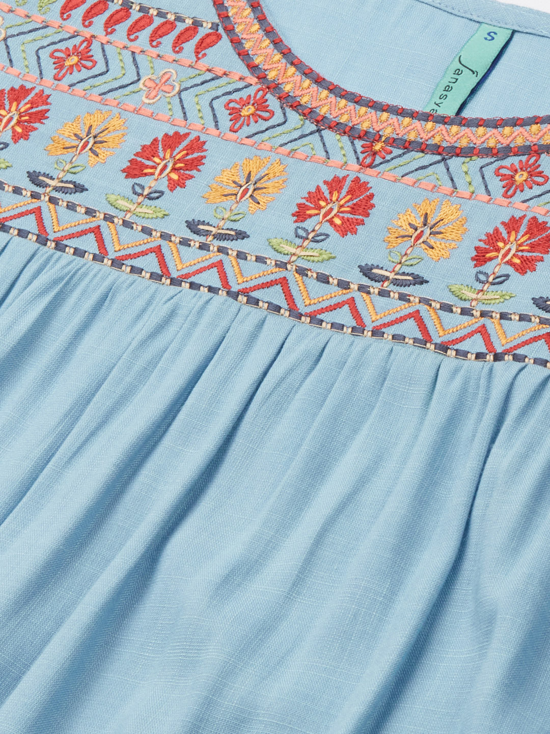 Janasya Women's Light Blue Rayon Slub Embroidered Regular Tunic - Distacart
