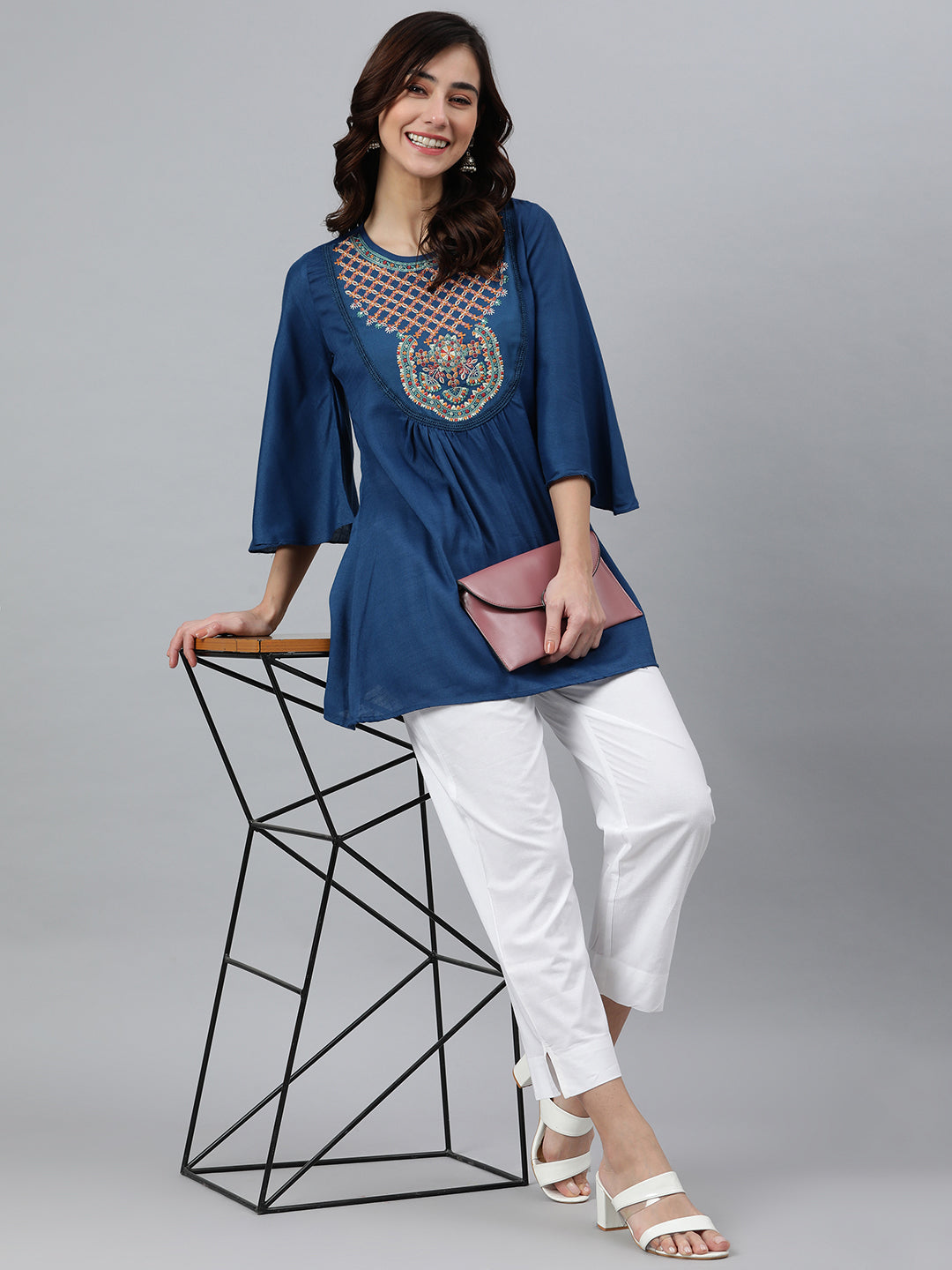 Janasya Women's Blue Rayon Slub Embroidered Regular Tunic - Distacart