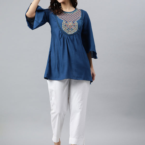 Janasya Women's Blue Rayon Slub Embroidered Regular Tunic - Distacart