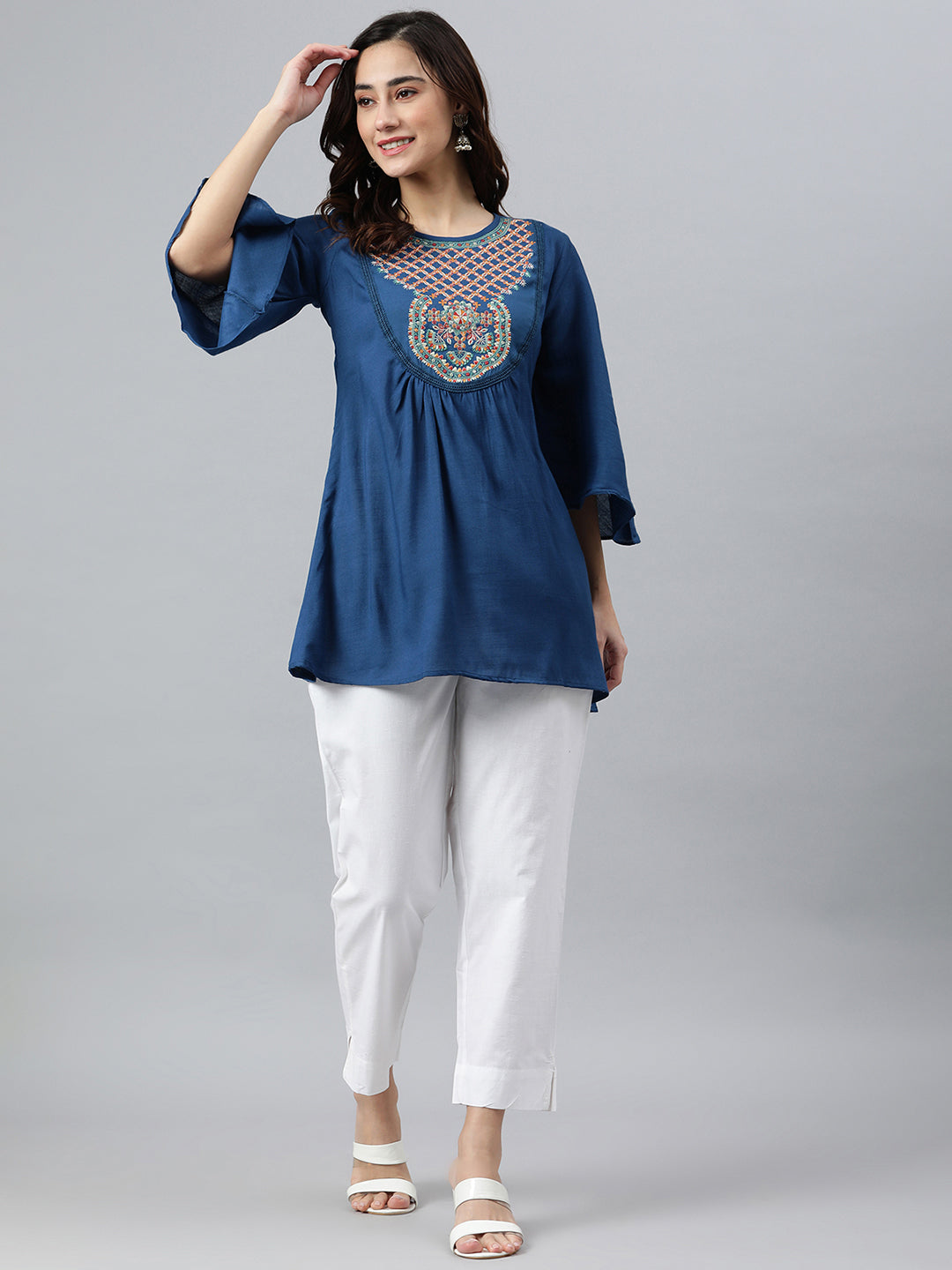 Janasya Women's Blue Rayon Slub Embroidered Regular Tunic - Distacart