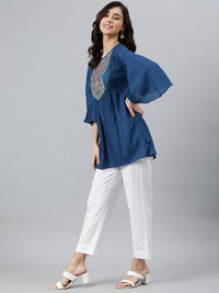 Thumbnail for Janasya Women's Blue Rayon Slub Embroidered Regular Tunic - Distacart