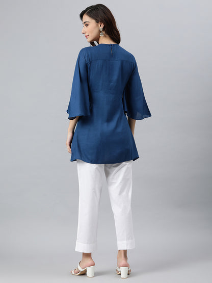 Janasya Women's Blue Rayon Slub Embroidered Regular Tunic - Distacart