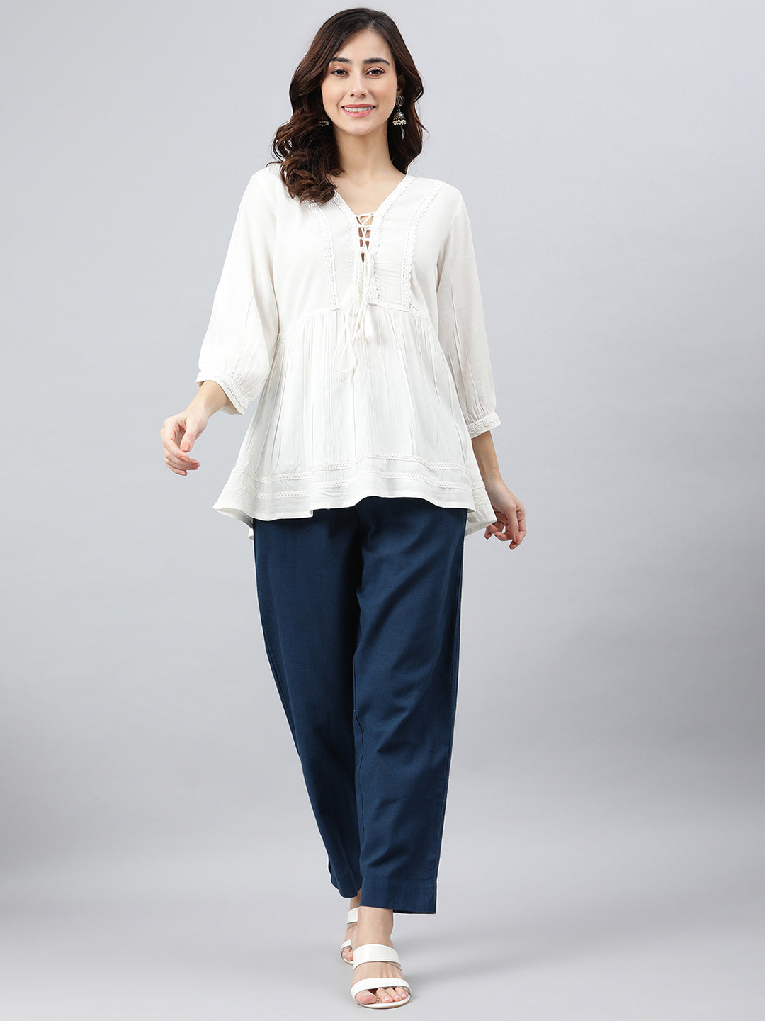 Janasya Women's White Rayon Solid Flared Top - Distacart