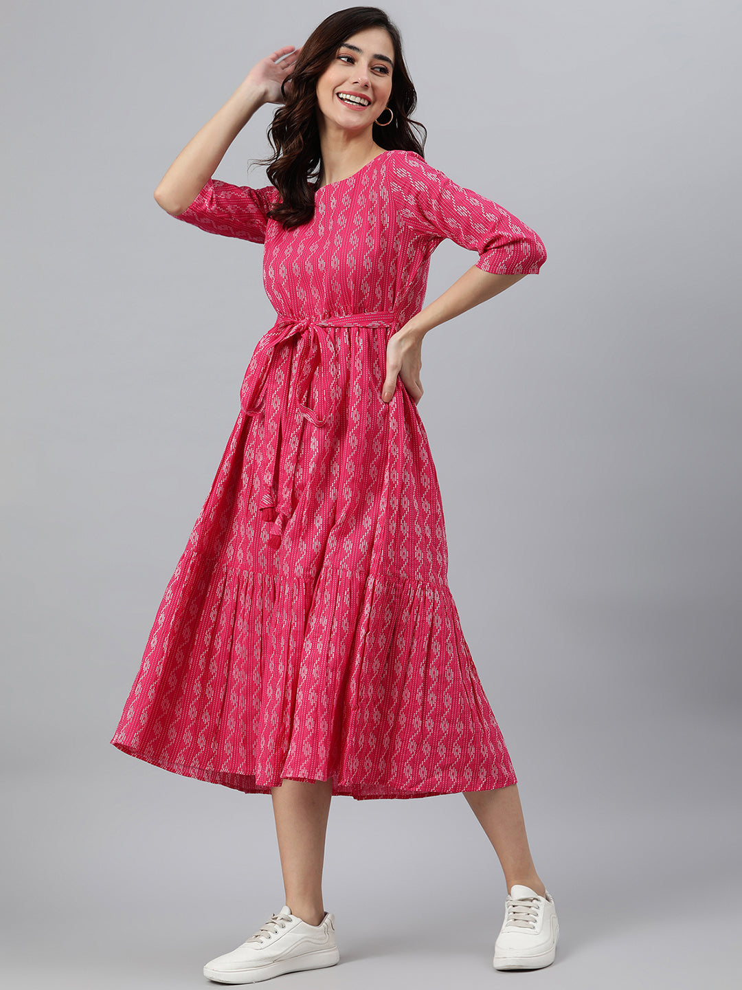 Janasya Women's Pink Cotton Woven Design Tiered Western Dress - Distacart
