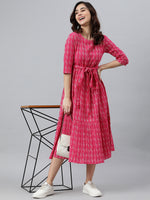 Thumbnail for Janasya Women's Pink Cotton Woven Design Tiered Western Dress - Distacart
