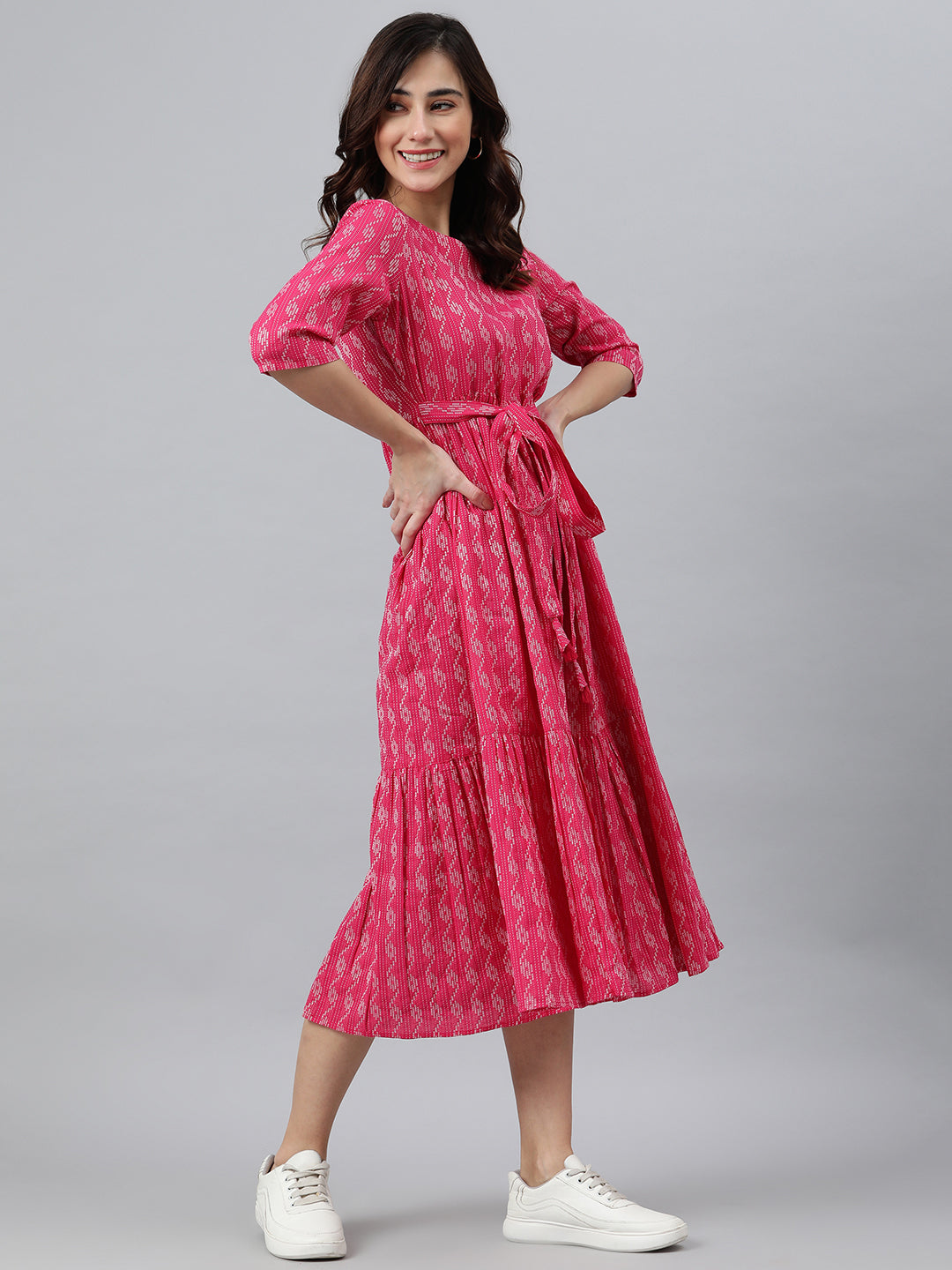 Janasya Women's Pink Cotton Woven Design Tiered Western Dress - Distacart