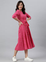 Thumbnail for Janasya Women's Pink Cotton Woven Design Tiered Western Dress - Distacart