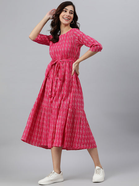 Janasya Women's Pink Cotton Woven Design Tiered Western Dress - Distacart