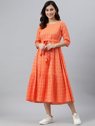 Janasya Women's Orange Cotton Woven Design Tiered Western Dress - Distacart