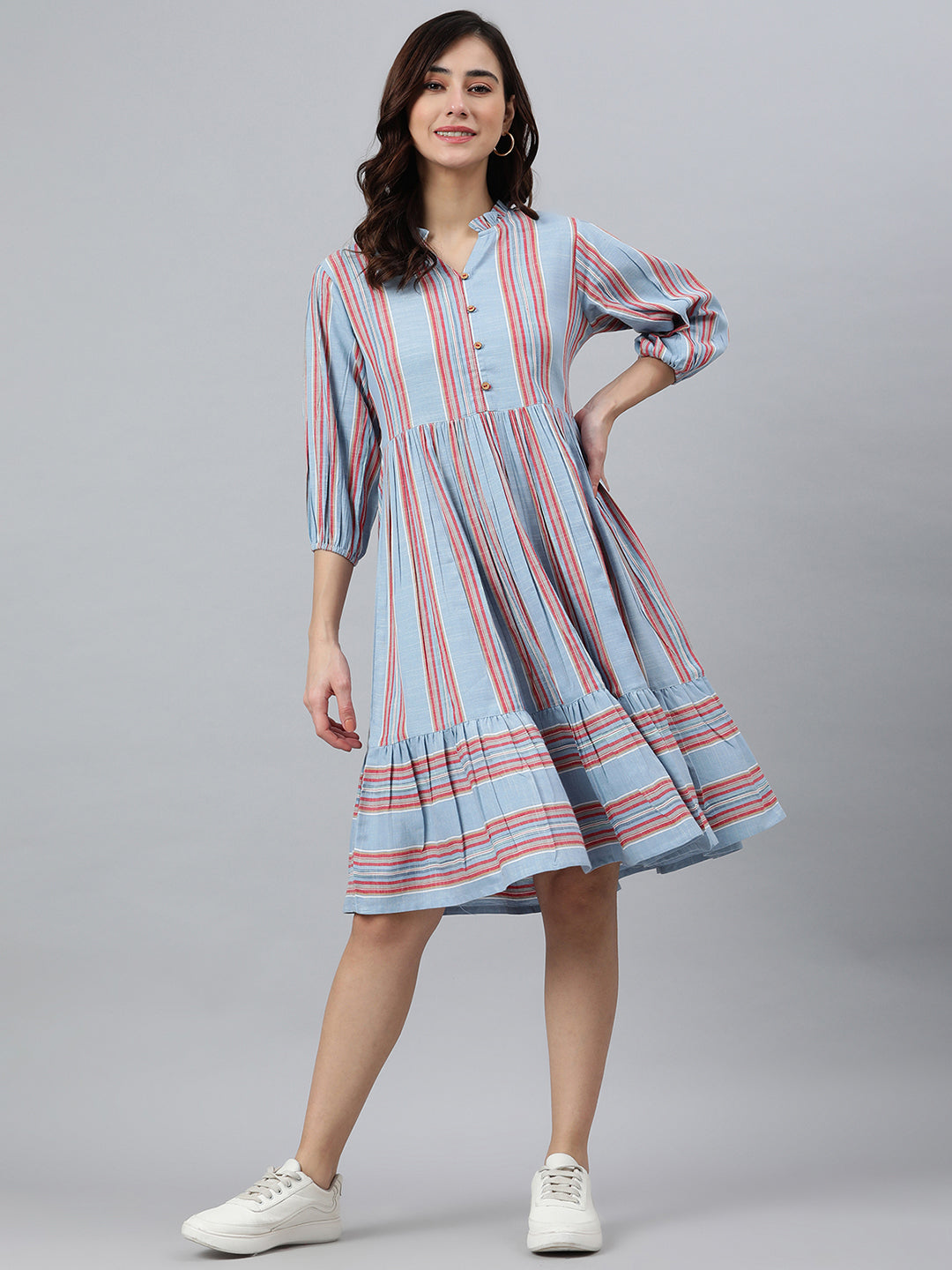 Janasya Women's Sky Blue Cotton Blend Striped Flared Western Dress - Distacart