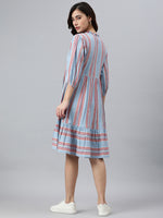 Thumbnail for Janasya Women's Sky Blue Cotton Blend Striped Flared Western Dress - Distacart