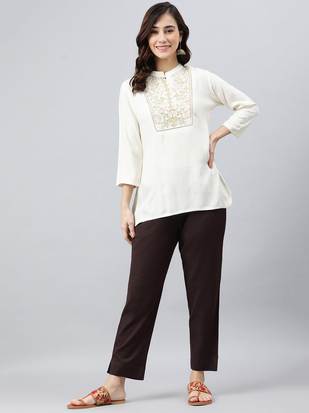 Janasya Women's Cream Rayon Slub Embroidered A-Line Top - Distacart
