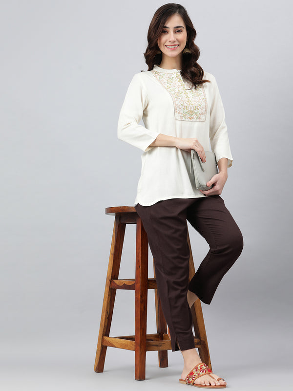 Janasya Women's Cream Rayon Slub Embroidered A-Line Top - Distacart