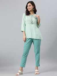 Thumbnail for Janasya Women's Light Green Rayon Slub Embroidered A-Line Top - Distacart