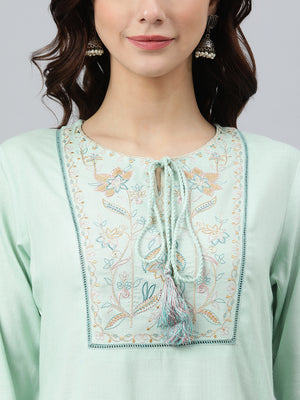 Janasya Women's Light Green Rayon Slub Embroidered A-Line Top - Distacart