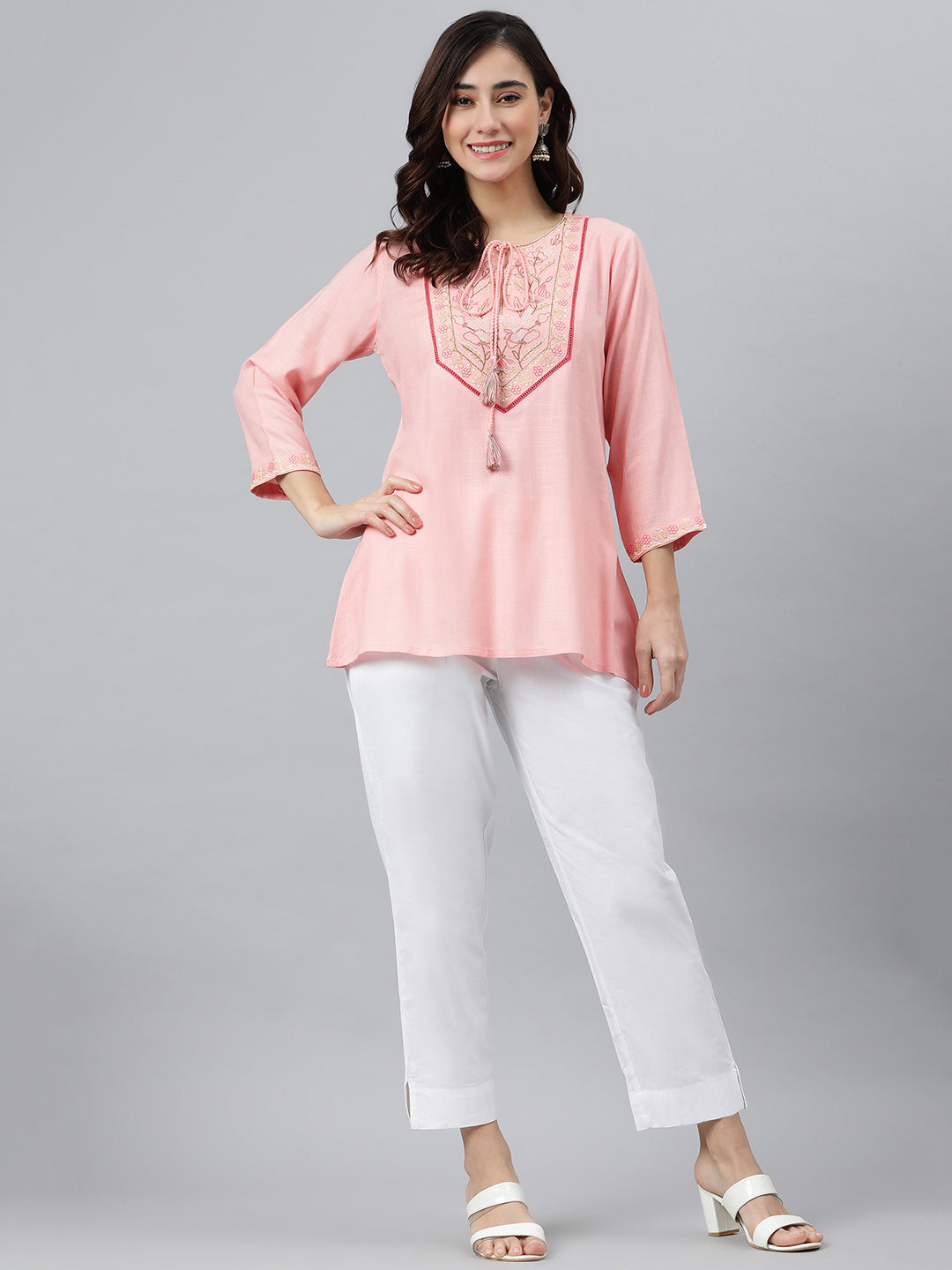 Janasya Women's Light Pink Rayon Slub Embroidered A-Line Top - Distacart