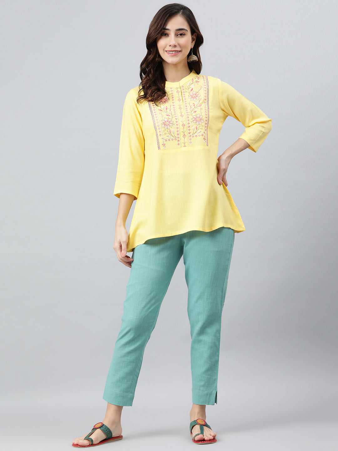 Janasya Women's Yellow Rayon Slub Embroidered A-Line Top - Distacart