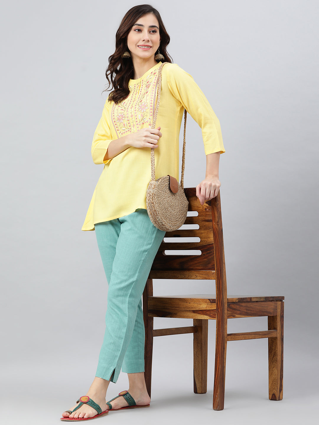Janasya Women's Yellow Rayon Slub Embroidered A-Line Top - Distacart