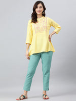 Thumbnail for Janasya Women's Yellow Rayon Slub Embroidered A-Line Top - Distacart