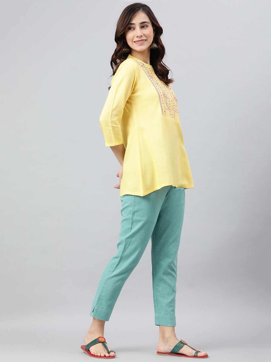 Janasya Women's Yellow Rayon Slub Embroidered A-Line Top - Distacart