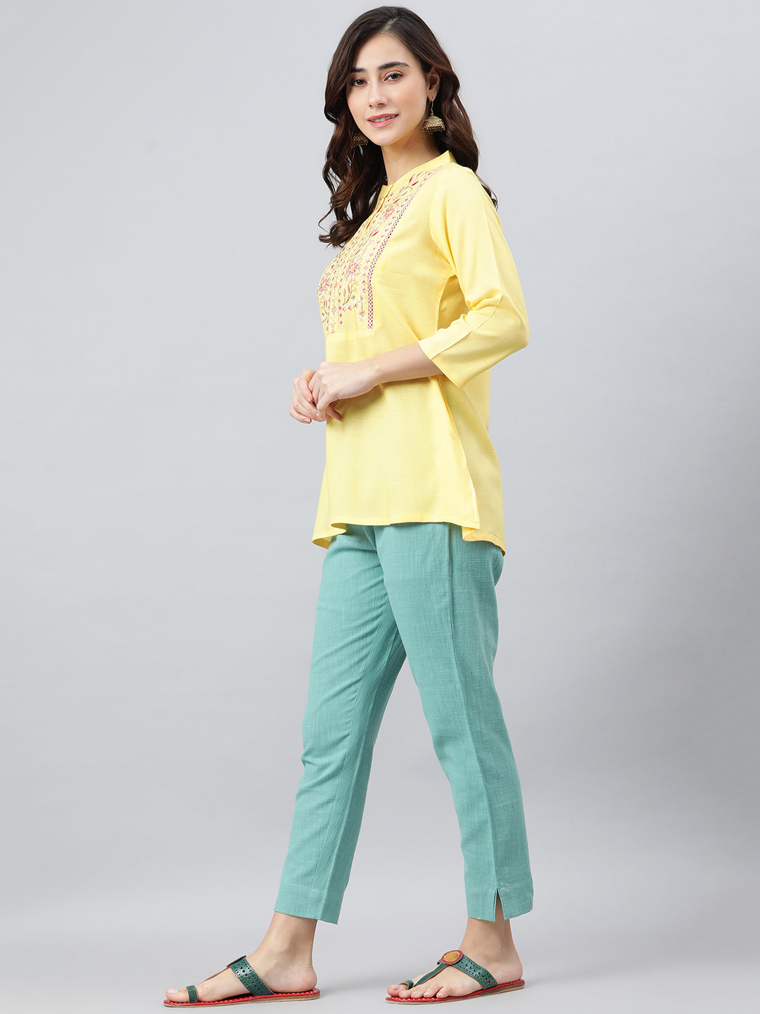 Janasya Women's Yellow Rayon Slub Embroidered A-Line Top - Distacart