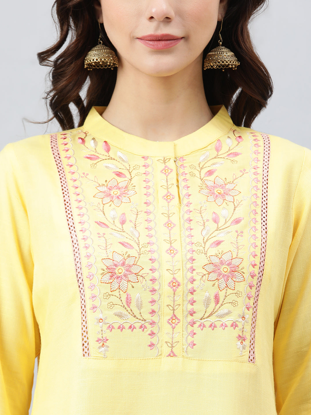 Janasya Women's Yellow Rayon Slub Embroidered A-Line Top - Distacart
