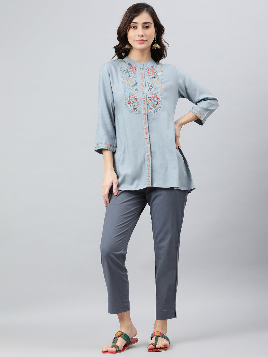 Janasya Women's Blue Rayon Slub Embroidered A-Line Top - Distacart