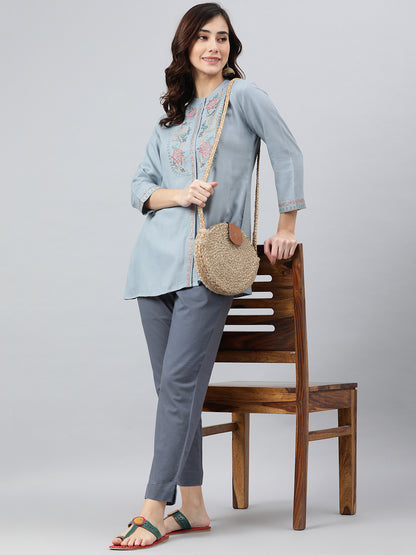 Janasya Women's Blue Rayon Slub Embroidered A-Line Top - Distacart