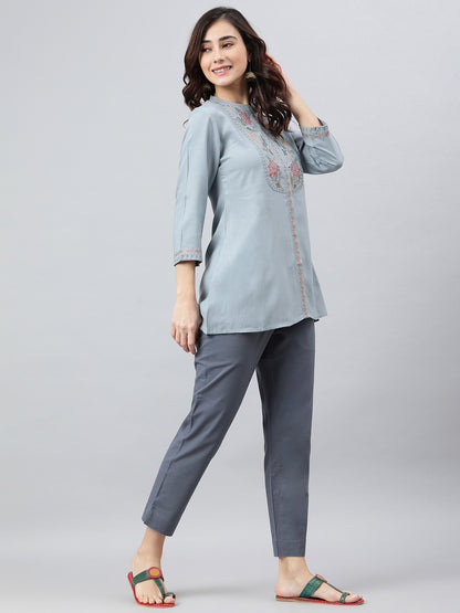 Janasya Women's Blue Rayon Slub Embroidered A-Line Top - Distacart