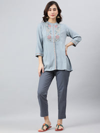Thumbnail for Janasya Women's Blue Rayon Slub Embroidered A-Line Top - Distacart