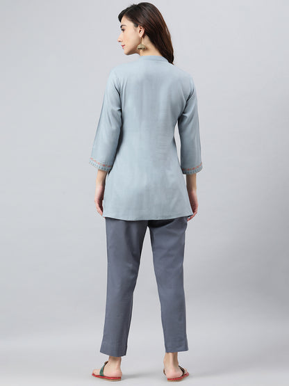 Janasya Women's Blue Rayon Slub Embroidered A-Line Top - Distacart