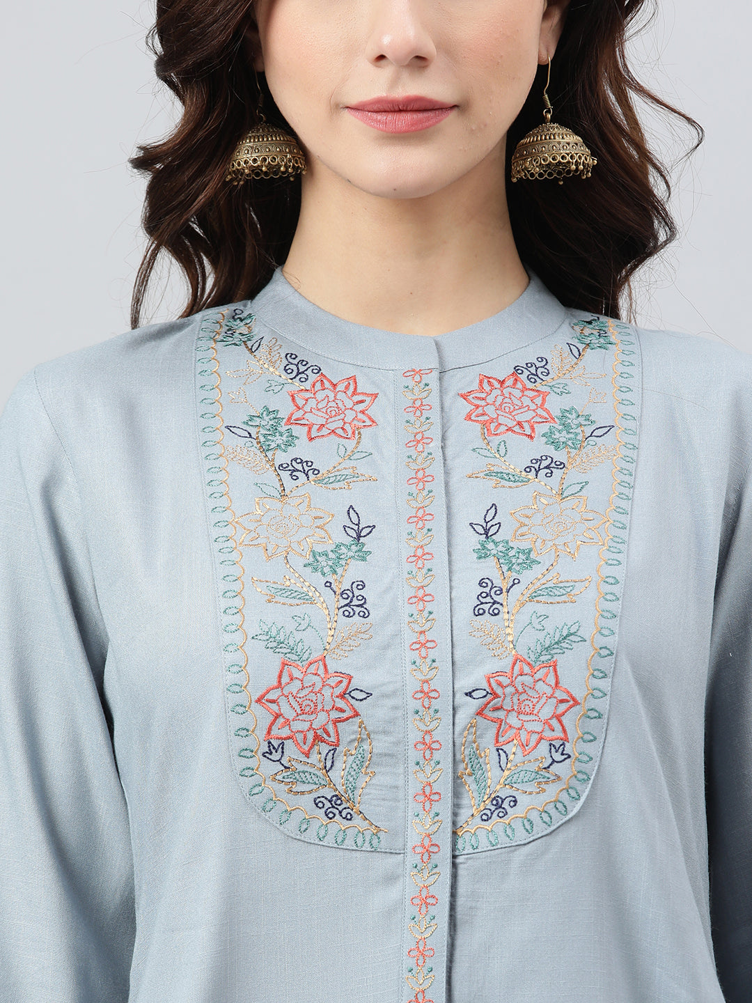 Janasya Women's Blue Rayon Slub Embroidered A-Line Top - Distacart