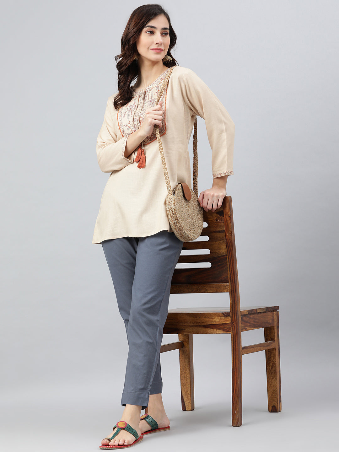 Janasya Women's Beige Rayon Slub Embroidered A-Line Top - Distacart