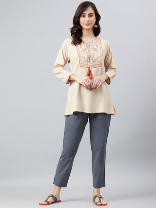 Janasya Women's Beige Rayon Slub Embroidered A-Line Top - Distacart