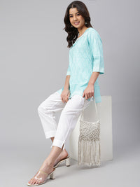 Thumbnail for Janasya Women's Mint Blue Cotton Floral Print Straight Tunic - Distacart