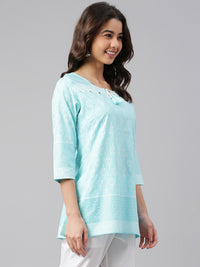 Thumbnail for Janasya Women's Mint Blue Cotton Floral Print Straight Tunic - Distacart