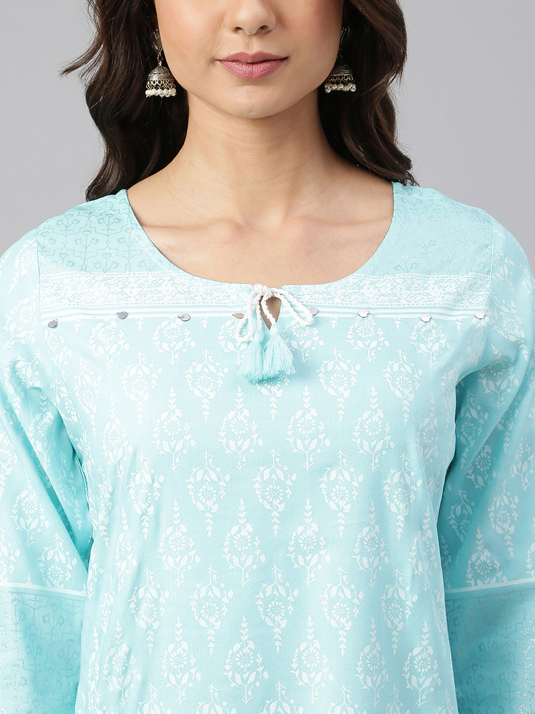 Janasya Women's Mint Blue Cotton Floral Print Straight Tunic - Distacart